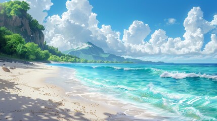 Illustration lively beach scene with clear blue water.