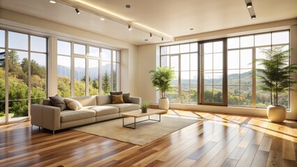 Fototapeta premium Modern minimalist empty living room interior with cream walls, wooden floor, and large windows letting in natural light.