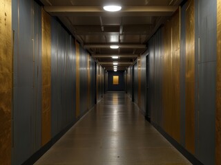 Golden Corridor: A solitary figure walks through an opulent hallway adorned with illuminated metallic panels. The polished floor reflects the intricate ceiling lights