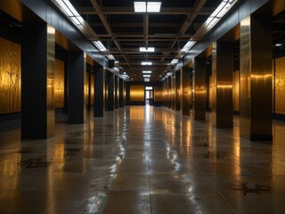 Naklejka premium Golden Corridor: A solitary figure walks through an opulent hallway adorned with illuminated metallic panels. The polished floor reflects the intricate ceiling lights