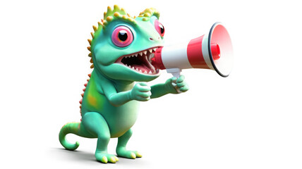 Announcement concept. Excited cute cartoon chameleon appears shouting through a megaphone on a transparent background