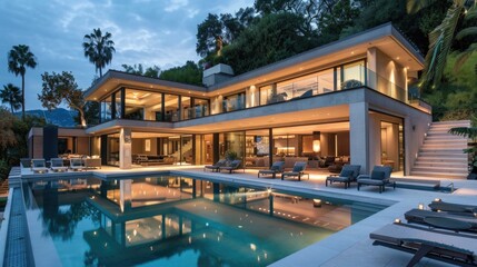 Luxury Architecture. Modern Design Stages of a Villa with Exterior Pool and Real Estate Plans