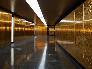 Fototapeta premium Golden Corridor: A solitary figure walks through an opulent hallway adorned with illuminated metallic panels. The polished floor reflects the intricate ceiling lights