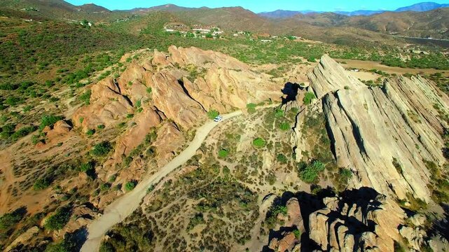 Aerial Panning Shot Of Vasquez Rocks In Tranquil Nature Center On Sunny Day - Agua Dulce, California