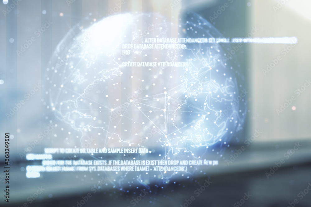Aufkleber double exposure of abstract creative programming illustration and world map on contemporary business