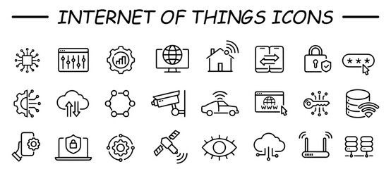 Internet of things web line icons. such as surveillance, sensor, IoT. Artificial Intelligence. Set vector line icons with open path internet of things and smart gadgets. Vector illustration.