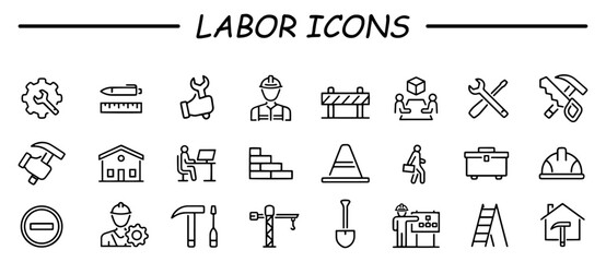 Set of line icons related to labor, construction, repair, labour day, renovation. Outline icon collection. Vector illustration.