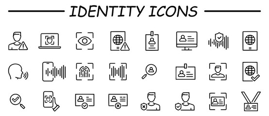 Set of icons related to identity and cyber security. Linear icon collection. For website marketing design, logo, app, template, ui, etc. Vector illustration.