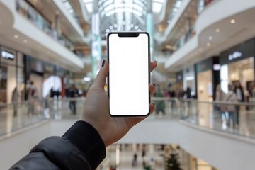 Woman hand holding a mobile smart phone with a blank screen inside a contemporary shopping mall. It serves as a mockup template