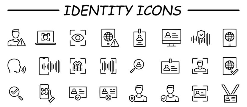 Set of icons related to identity and cyber security. Linear icon collection. For website marketing design, logo, app, template, ui, etc. Vector illustration.