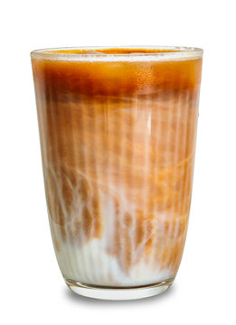 Glass of alternative vegan drink,  iced coffee latte with plant based milk, espresso coffee with oat milk on iced. Clean cut isolated clipping path on white background.