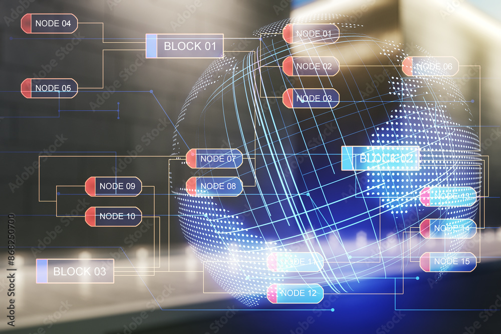 Poster multi exposure of abstract software development hologram and world map on modern business center ext