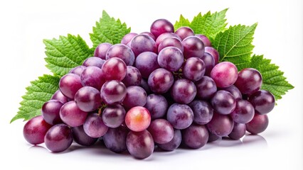 Fototapeta premium Fresh purple grapes cluster isolated on white background with green leaves and stems, perfect for healthy food advertisements design.