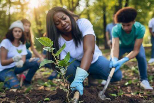 Planting Tree In Park Group of multi-ethnic people, people with differing abilities , volunteers planting tree in park