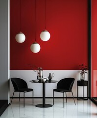 Contemporary furniture set against a red wall, with black and white decor