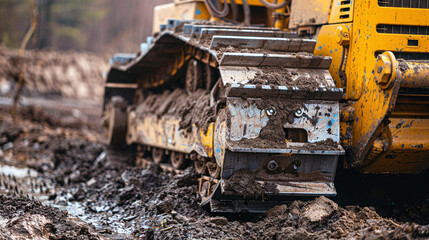 Fototapeta premium Excavator digs earth in quarry