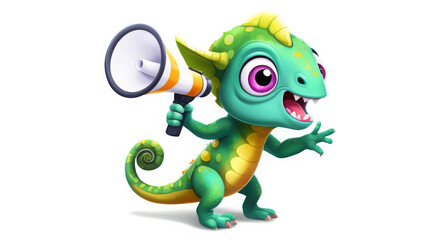 Obraz premium Announcement concept. Excited cute cartoon chameleon appears shouting through a megaphone on a transparent background