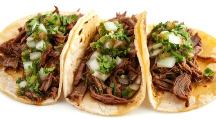 Beef barbacoa tacos with tender shredded beef, onions, and salsa verde, rich and flavorful, isolated on white background, copy space