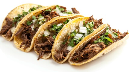 Beef barbacoa tacos with tender shredded beef, onions, and salsa verde, rich and flavorful, isolated on white background, copy space