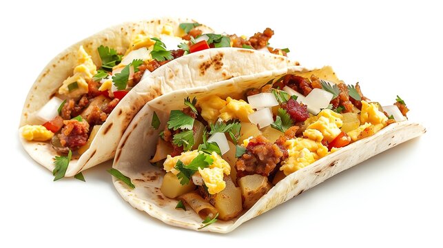 Breakfast tacos with scrambled eggs, chorizo, and potatoes, hearty morning meal, isolated on white background, copy space