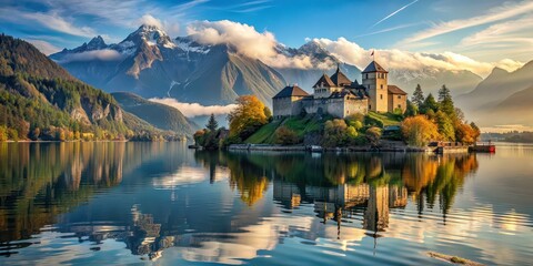 Obraz premium Ancient castle floating on a lake with breathtaking mountain views, Lake, castle, ancient, floating, scenic, mountains