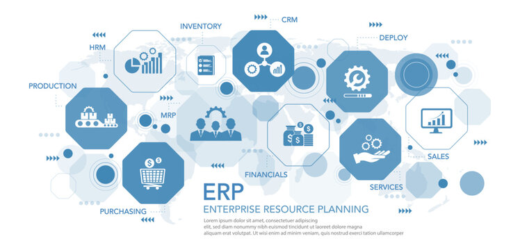 Enterprise Resource Planning concept. EPR Business management and company enhancement. Technology, Internet and network concept. icons vector illustration.