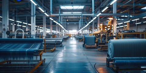 Dynamic textile factory interior during the production process, blending industrial aesthetics with efficient manufacturing and meticulous interior design