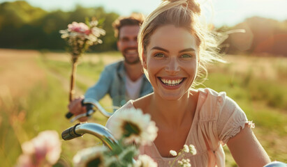 Happy young woman riding a vintage bicycle with a man in the background, on a summer day, with sun rays and a green meadow in the background