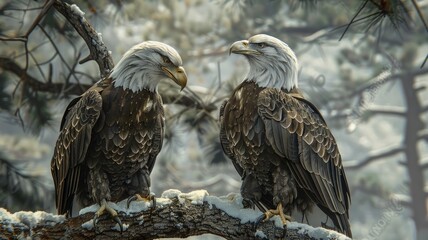 View of 3d pair of eagles on tree branches.
