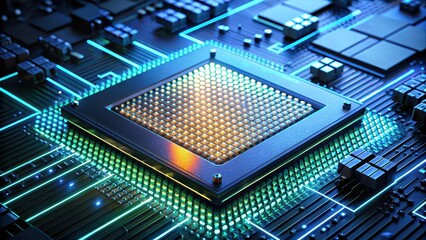 Glowing LED lights around a computer processor indicating activity and performance levels , LED, lights