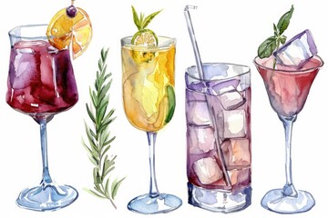 Drink Drawing. Watercolor Cocktails Set Isolated on White Background with Mimosa and Other Bar Hand-drawn Drinks