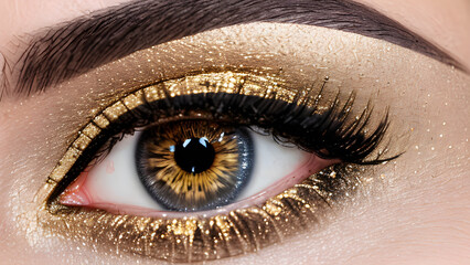 Obraz premium close up of a female eye with gold makeup, glitter, sparkle