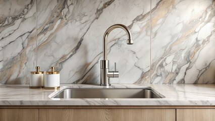 Modern kitchen sink with faucet and soap dispenser on marble countertop against marble background in contemporary style