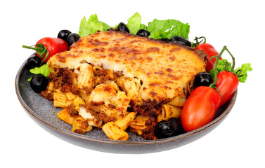 Pastitsio pasta meal with fresh salad and black olives