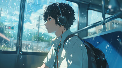 Boy anime listening to music on his headphones. Animation illustration of a young boy on train with his headphones relaxing. 
