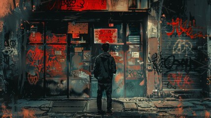 Man Stands Against Hate A Powerful Call for Community Resilience and Unity - A man boldly stands with a 'Stop Asian Hate' sign in front of a backdrop depicting the aftermath of hate crimes, conveying 