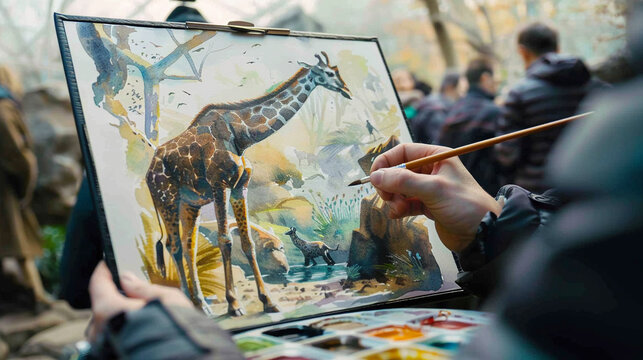 A person sketching animals at a zoo. Watercolor painting illustration.
