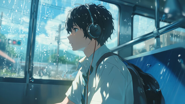 Boy anime listening to music on his headphones. Animation illustration of a young boy on train with his headphones relaxing. 