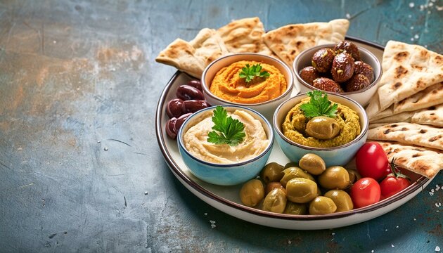 A vibrant Mediterranean mezze platter with hummus, falafel, olives, pita bread.
