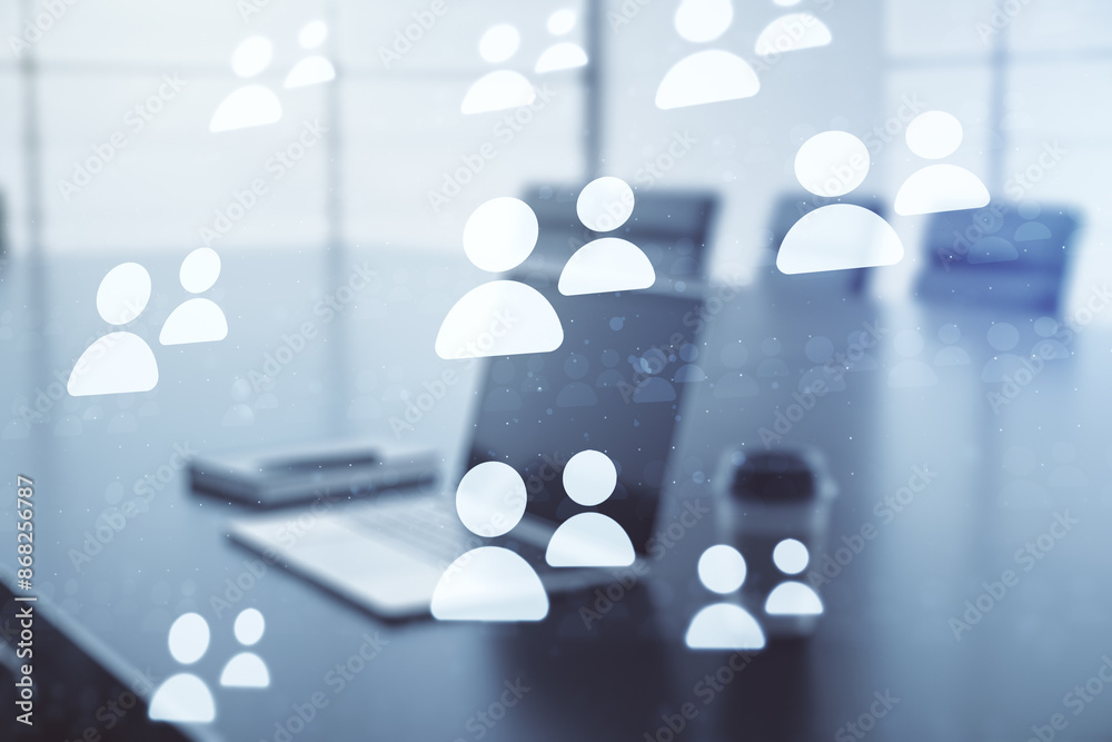 Aufkleber Double exposure of social network icons concept with computer on background. Networking concept