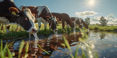 Promoting animal welfare through cows drinking fresh water from solar-powered troughs, ensuring sustainable farming practices and hydration in agriculture
