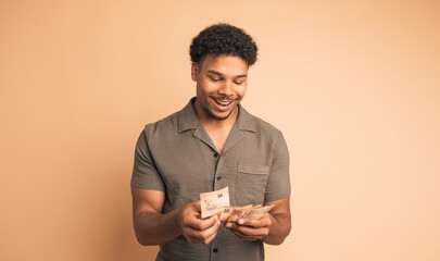 Cheerful rich man counting Euro banknotes in beige studio