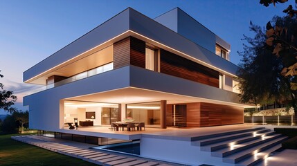 Fototapeta premium Architectural photo of a modern two-story house with white cantilever with balcony. white walls and wood Stairs and double height