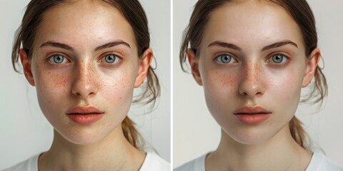 Revolutionary skincare regimen shows before and after results. Concept: Skin Transformation, Before and After Photoshoot, Skincare Treatment, Stunning Makeover, Confidence Boost
