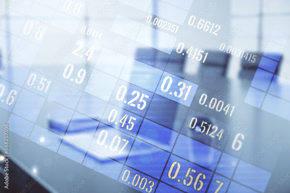 Poster Multi exposure of stats data illustration on modern laptop background, computing and analytics concept