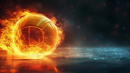 Fototapeta premium Photorealistic depiction of a flaming volleyball, mid-action on a floodlit court, dark background, dynamic movement, ample copy space.