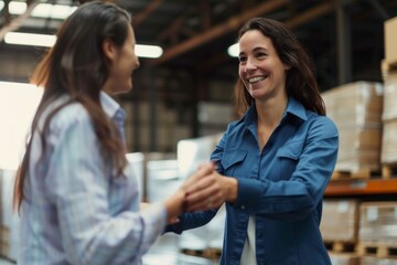 Businesswoman handshaking with a client while working at a distribution warehouse