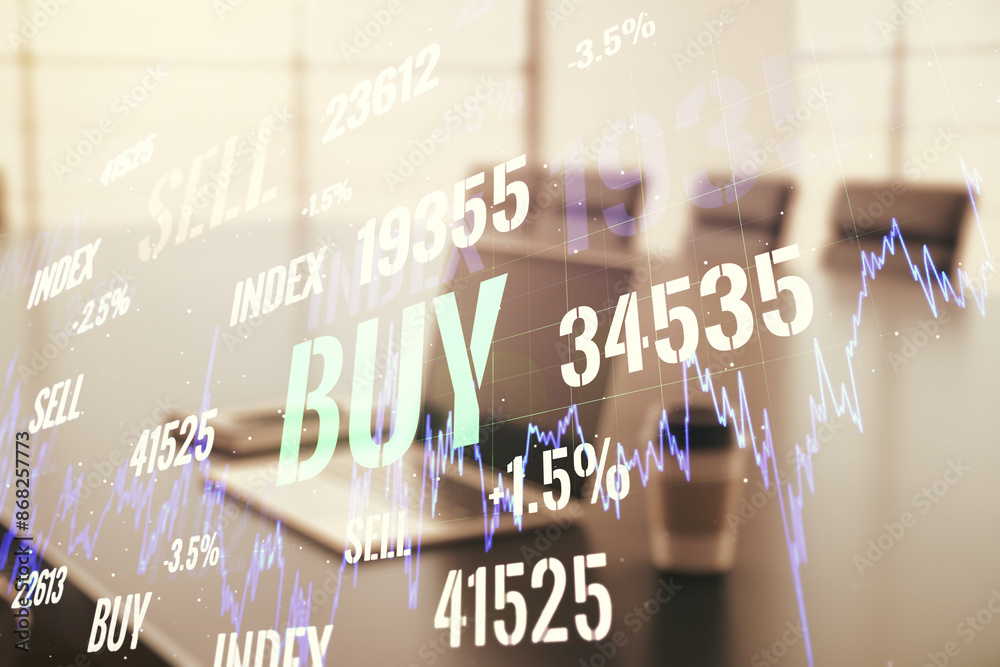 Poster multi exposure of abstract creative financial graph on modern computer background, forex and investm