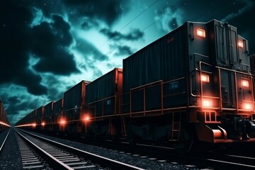 Obraz premium A cargo train hauling containers and merchandise barrels travels down a railroad track through a rural landscape at night.