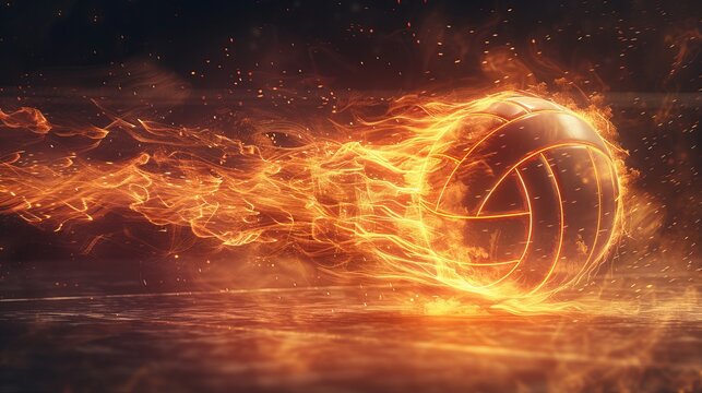 Fiery volleyball captured in motion on a floodlit court, photorealistic, dynamic and intense, dark background, ample copy space.